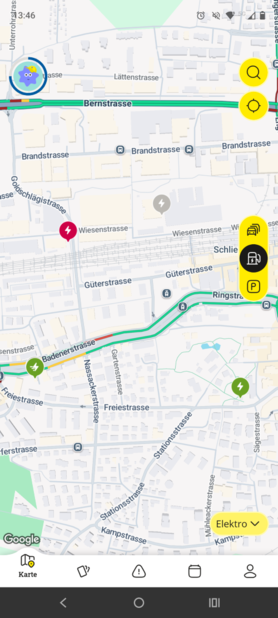 Ladestation auswählen: Grün = freie Ladepunkte / grün mit Geschwindigkeitslinien = Schnelladen / Rot = alle Ladepunkte besetzt / grau = Status unbekannt
