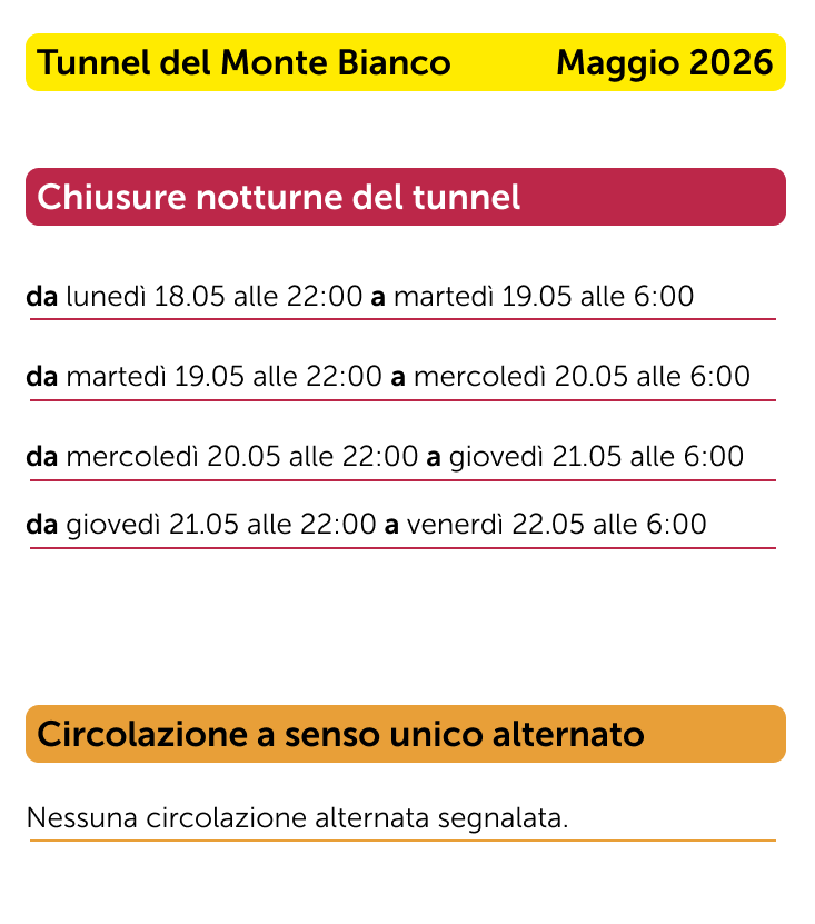 Chiusure notturne del Monte Bianco maggio 2026