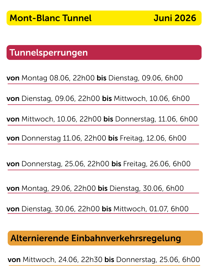Schliessungen Mont-Blanc-Tunnel Juni 2026