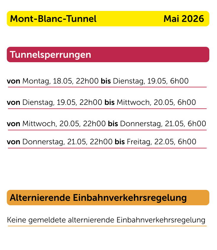 Schliessungen Mont-Blanc-Tunnel Mai 2026