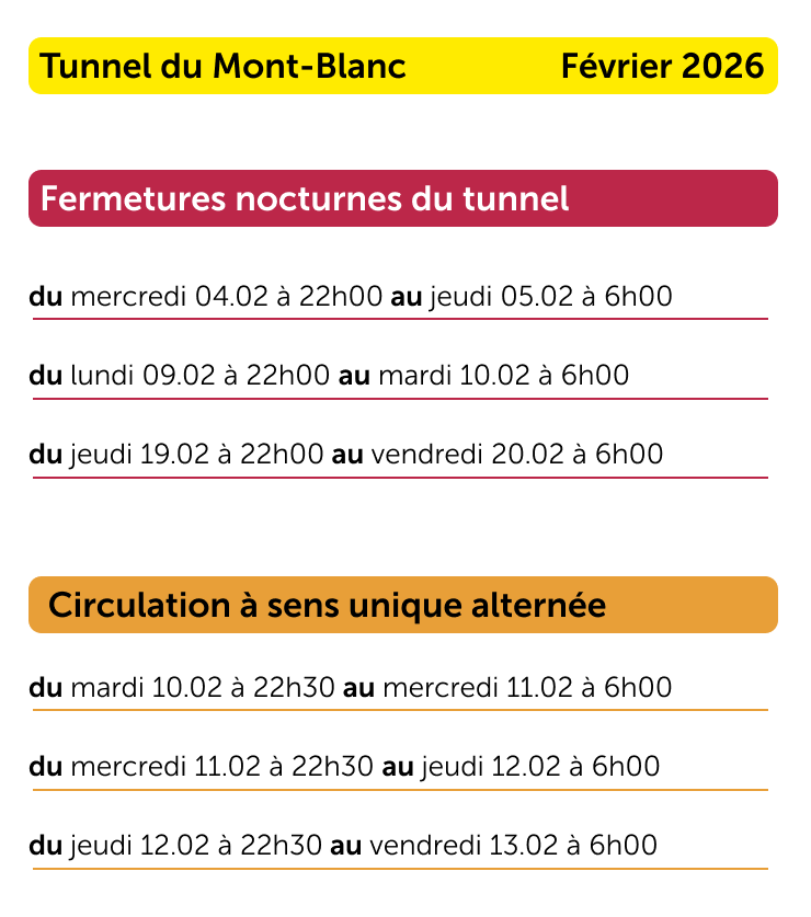 Calendrier fermetures Mont-Blanc 2026