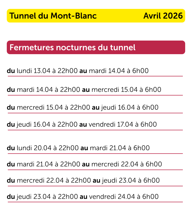 Calendrier fermetures Mont-Blanc 2026