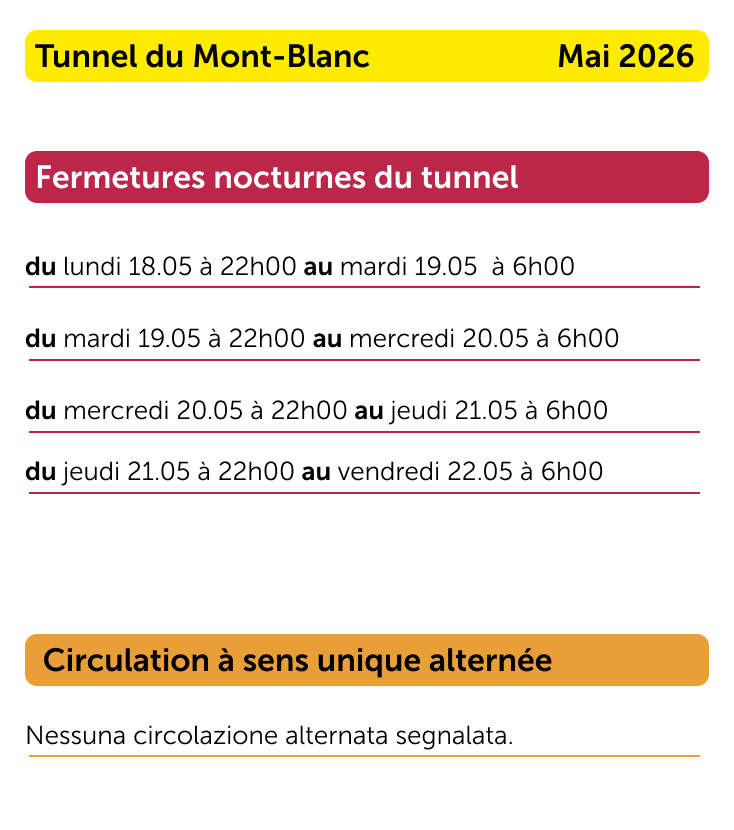 Calendrier fermetures Mont-Blanc 2026