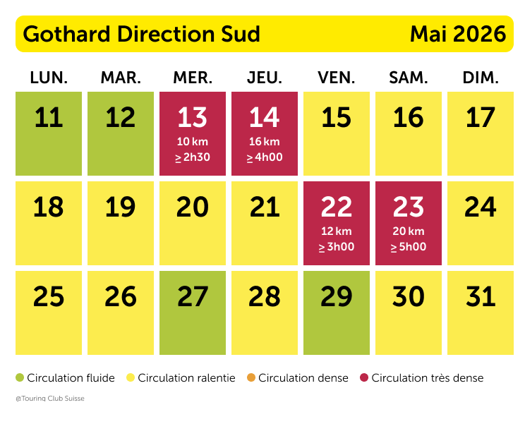 Prévisions du trafic Ascension et Pentecôte 2026 : Gothard en direction sud
