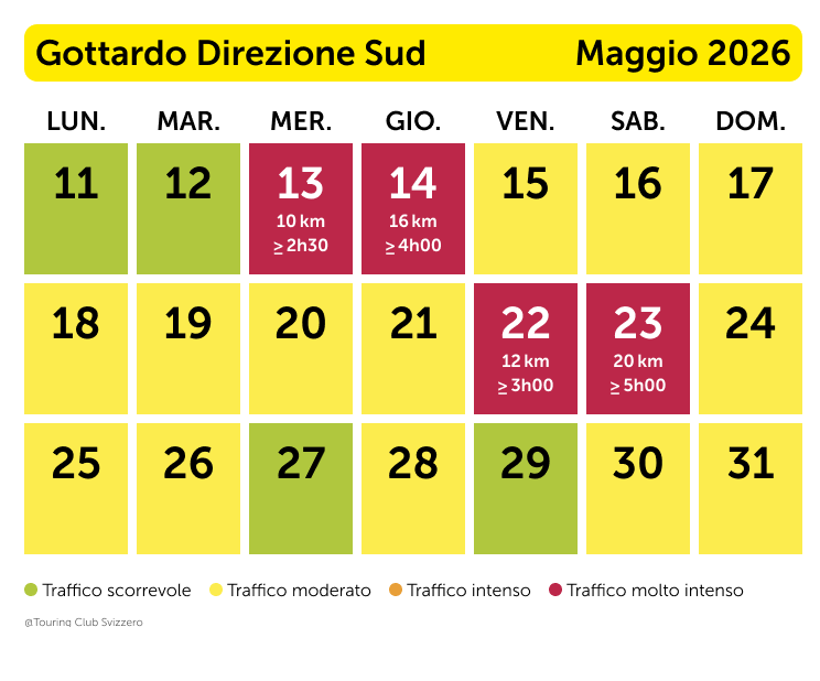 Gottardo direzione sud: previsioni del traffico per l’Ascensione e Pentecoste 2026