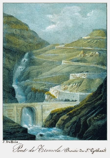 Die Brücke über die Tremola und die Serpentinen der neuen, zwischen 1827 und 1830 gebauten Strasse.
