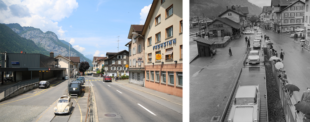 «Die Autoverlad-Station in Erstfeld besteht noch immer, rechts in Betrieb 1963.»