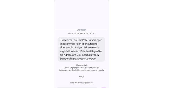 Screenshot einer SMS-Nachricht, die angeblich von der Schweizerischen Post stammt und behauptet, ein Paket könne wegen einer unvollständigen Adresse nicht zugestellt werden. Die Nachricht fordert dazu auf, die Adresse innerhalb von 12 Stunden über einen verdächtigen Link zu bestätigen.