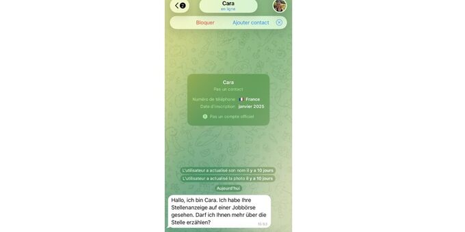 Screenshot eines Telegram-Chats mit einem unbekannten Kontakt namens «Cara», dessen Konto als nicht offiziell gekennzeichnet ist. Die Person schreibt eine Nachricht zu einem angeblichen Jobangebot und fragt, ob sie weitere Informationen zu einer ausgeschriebenen Stelle geben darf.