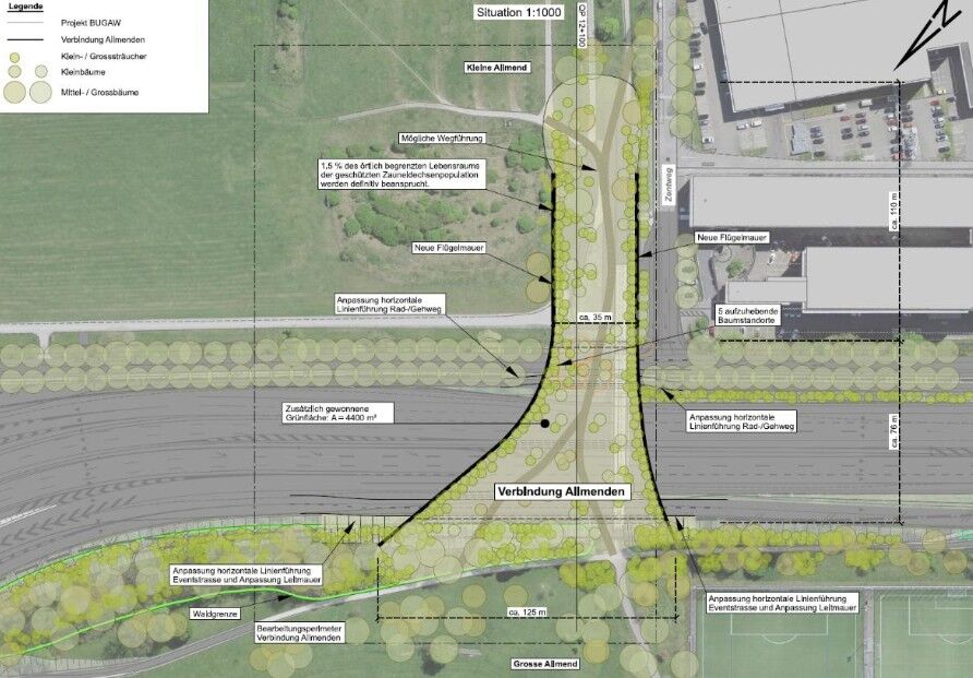 Bewilligungsfähige Variante 3: eine 35 Meter breite Autobahn-Überdachung verbindet die Allmenden. Dem Gemeinderat der Stadt Bern ist das nicht gut genug.