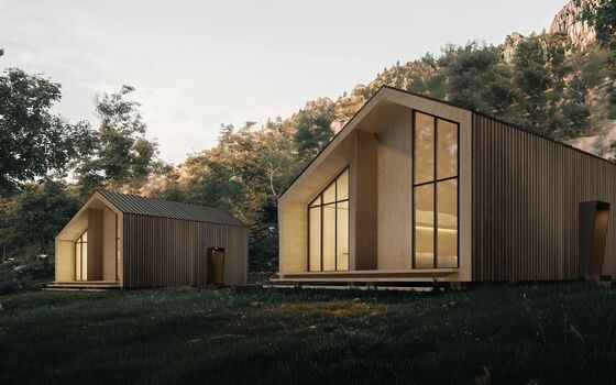 Render di come saranno le «Tiny Houses» del Villaggio Vacanza TCS di Scruengo nel 2026