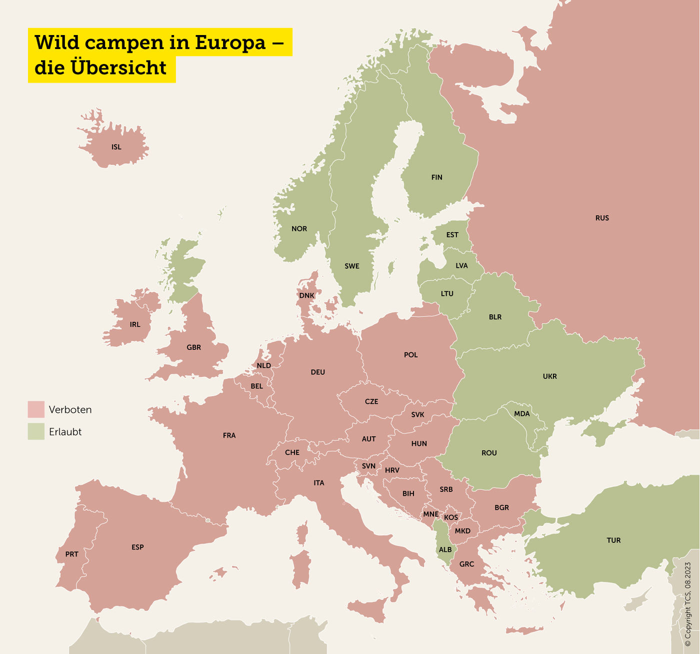 Übersichtskarte - Wild campen in Europa - wo ist es erlaubt? wo ist es verboten?