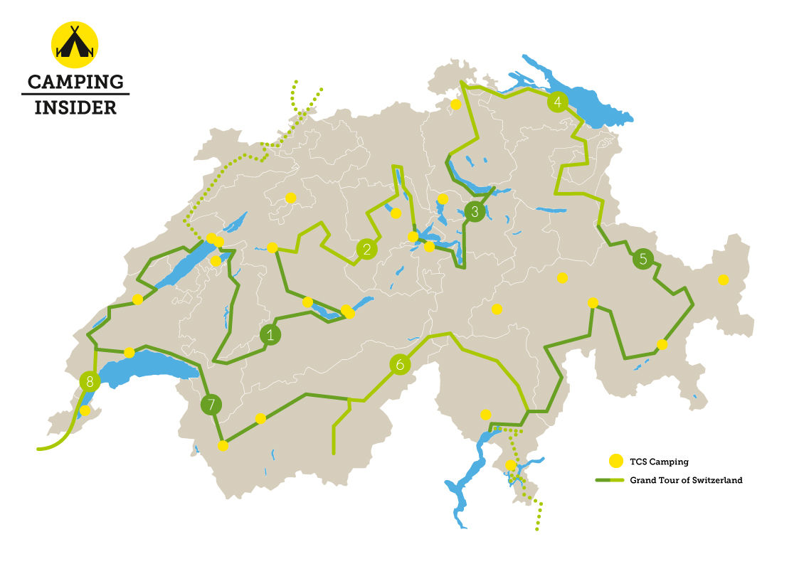 Schweizer Karte mit allen Etappen der TCS Camping Grand Tour of Switzerland