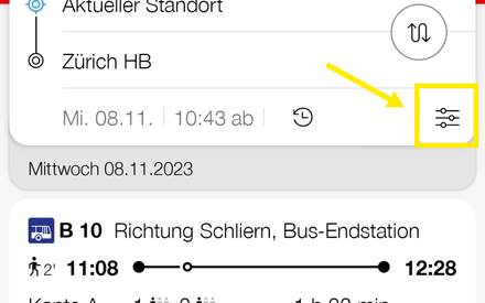 SBB App: Die erweiterte Suche befindet sich rechts neben der Auswahl von Datum und Zeit