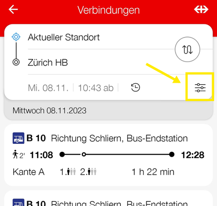 SBB App: Die erweiterte Suche befindet sich rechts neben der Auswahl von Datum und Zeit