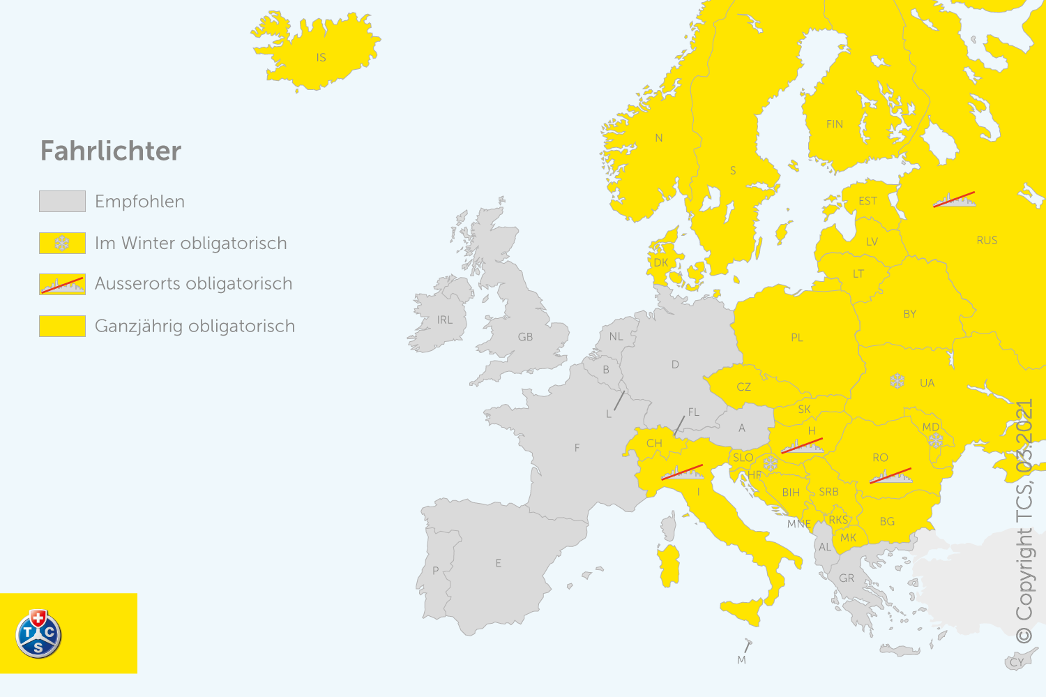 Tagfahrlicht Europa - wo ist Licht am Tag Pflicht? - TCS Schweiz