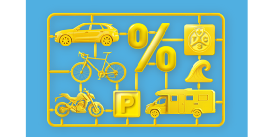 Gelbe Icons auf blauem Hintergrund: Auto, Velo, Motorrad und Wohnmobil, verbunden mit einem Prozentzeichen, einem «P» und dem TCS-Logo.