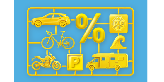 Gelbe Icons auf blauem Hintergrund: Auto, Velo, Motorrad und Wohnmobil, verbunden mit einem Prozentzeichen, einem «P» und dem TCS-Logo.