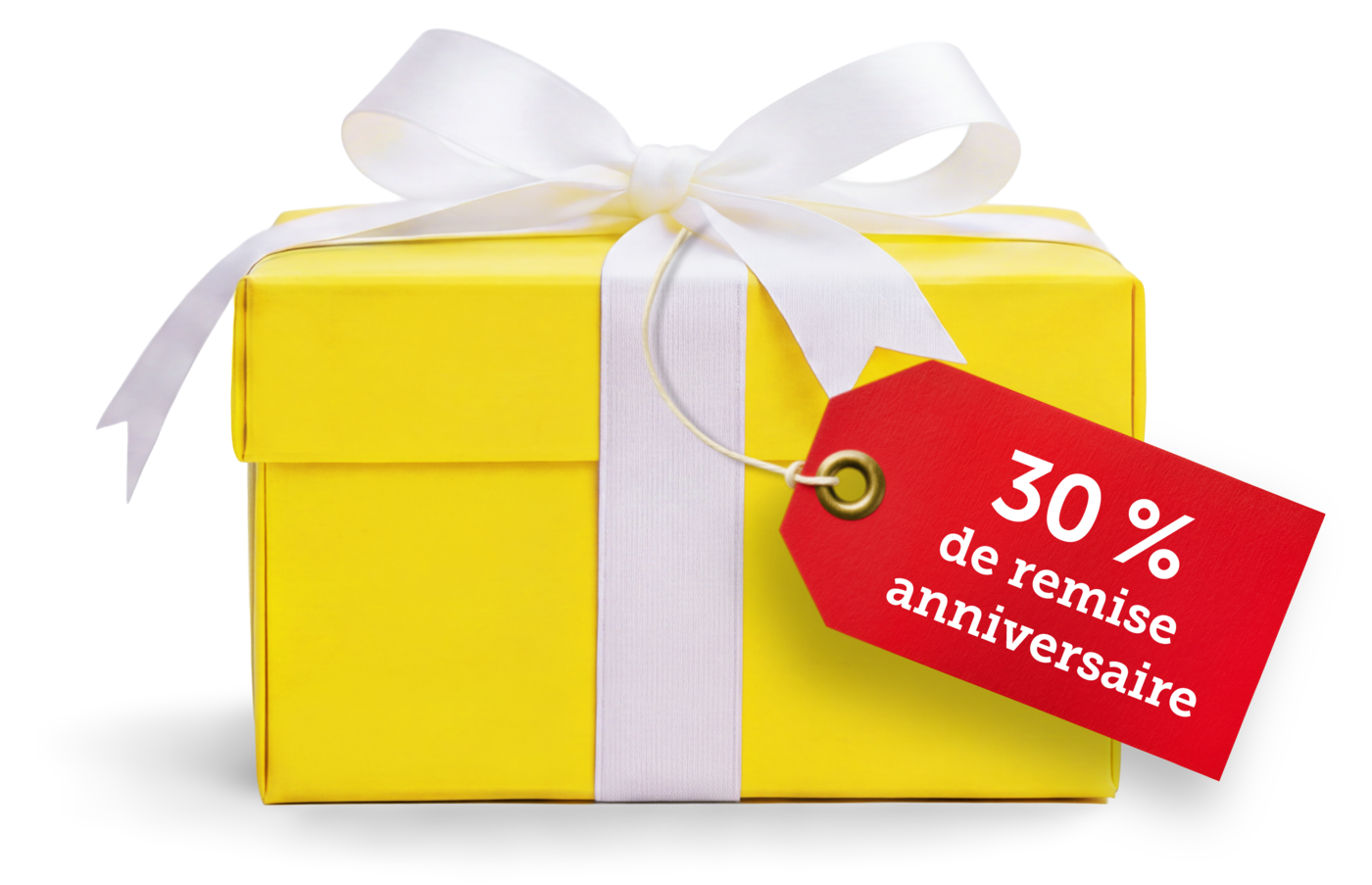 Cadeau avec une étiquette rouge indiquant une réduction de 30 %.
