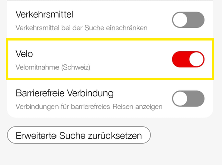 SBB App: In der erweiterten Suche die Velomitnahme auswählen mit Slider