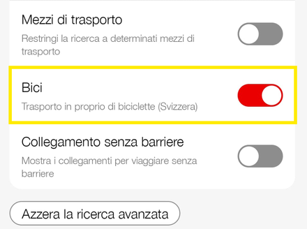 App FFS: selezionare Trasporto biciclette (Svizzera) nella ricerca avanzata