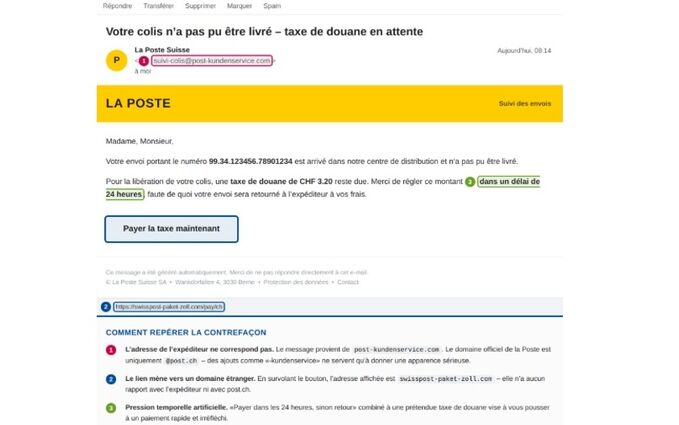 Capture d’écran d’un e-mail frauduleux imitant l’identité visuelle de La Poste Suisse. Le message informe le destinataire qu’un colis n’a pas pu être livré et demande le paiement d’un droit de douane impayé de 3,20 CHF dans un délai de 24 heures. Un bouton jaune intitulé « Payer les frais de douane maintenant » ainsi qu’un lien vers une adresse web non officielle visent à inciter le destinataire à agir rapidement. L’e-mail utilise les couleurs et le logo de La Poste, associés à une pression temporelle et à un domaine d’expéditeur suspect, afin de rendre cette tentative de phishing crédible.