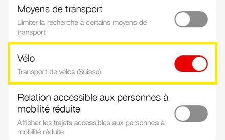 App CFF : dans la recherche avancée, sélectionnez le transport de vélos (Suisse)