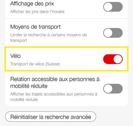 App CFF : dans la recherche avancée, sélectionnez le transport de vélos (Suisse)