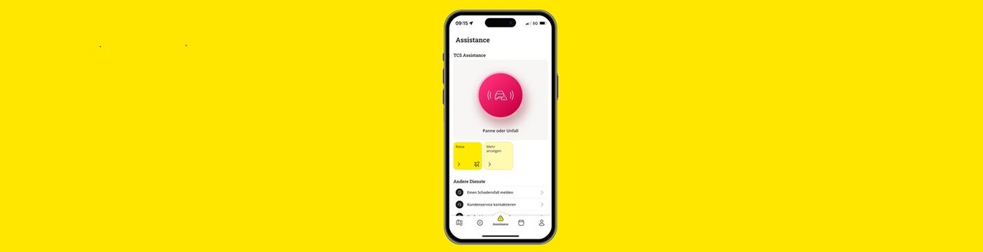 Mobile App‑Ansicht der Pannenhilfe im Ausland mit grossem rotem Notfall‑Button zum Melden einer Panne oder eines Unfalls sowie weiteren Assistance‑Funktionen.