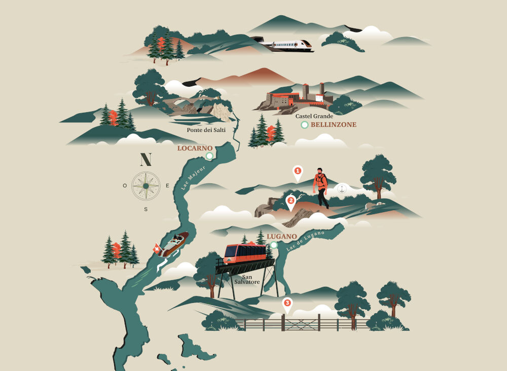 Carte illustrée : trois randonnées au Tessin