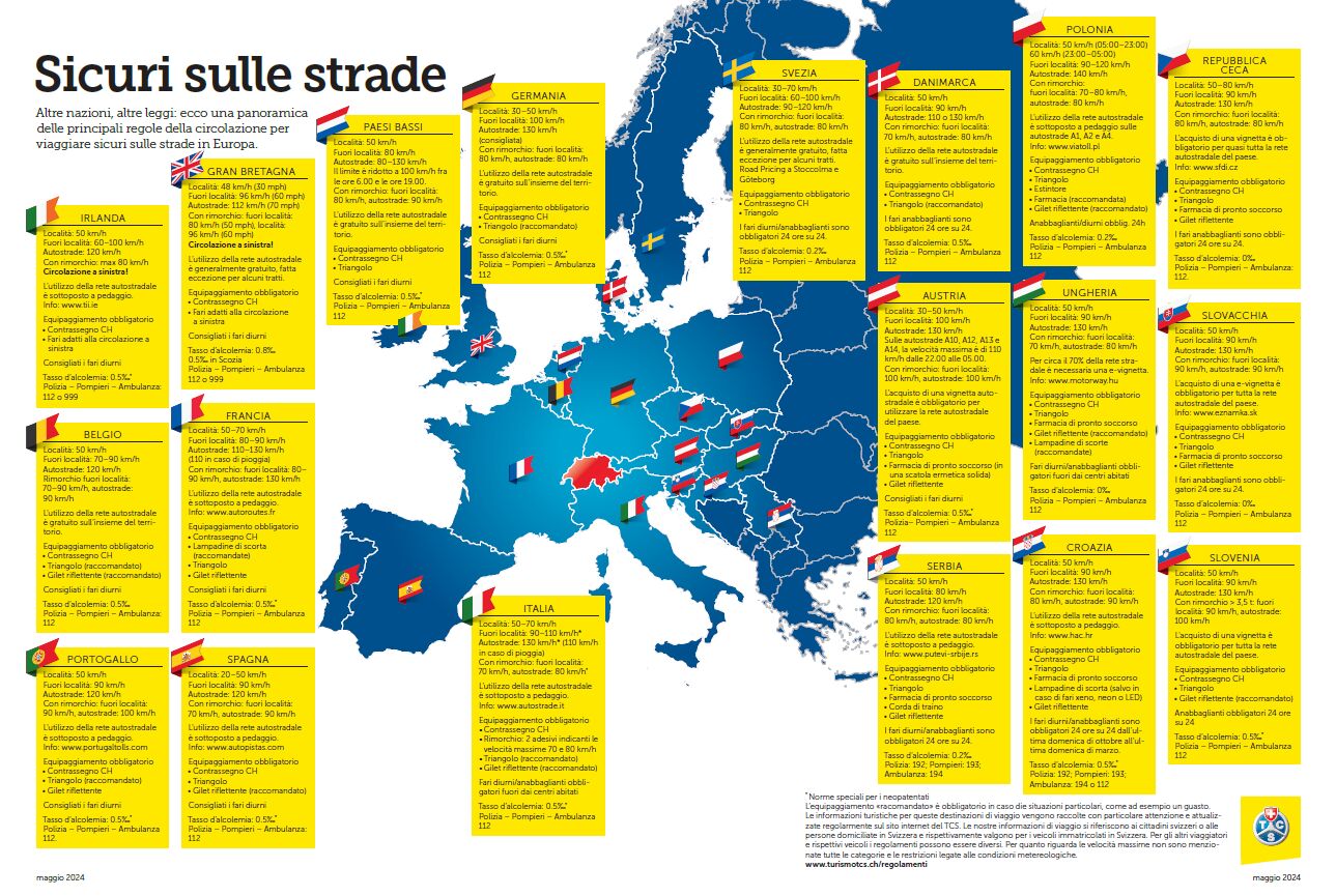 Mappa dell'Europa con gli equipaggiamenti obbligatori da trasportare in auto