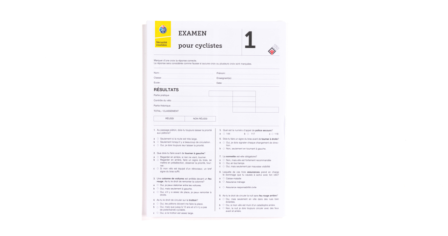 Examen pour cyclistes 1 (10-12 ans) - Feuille A4